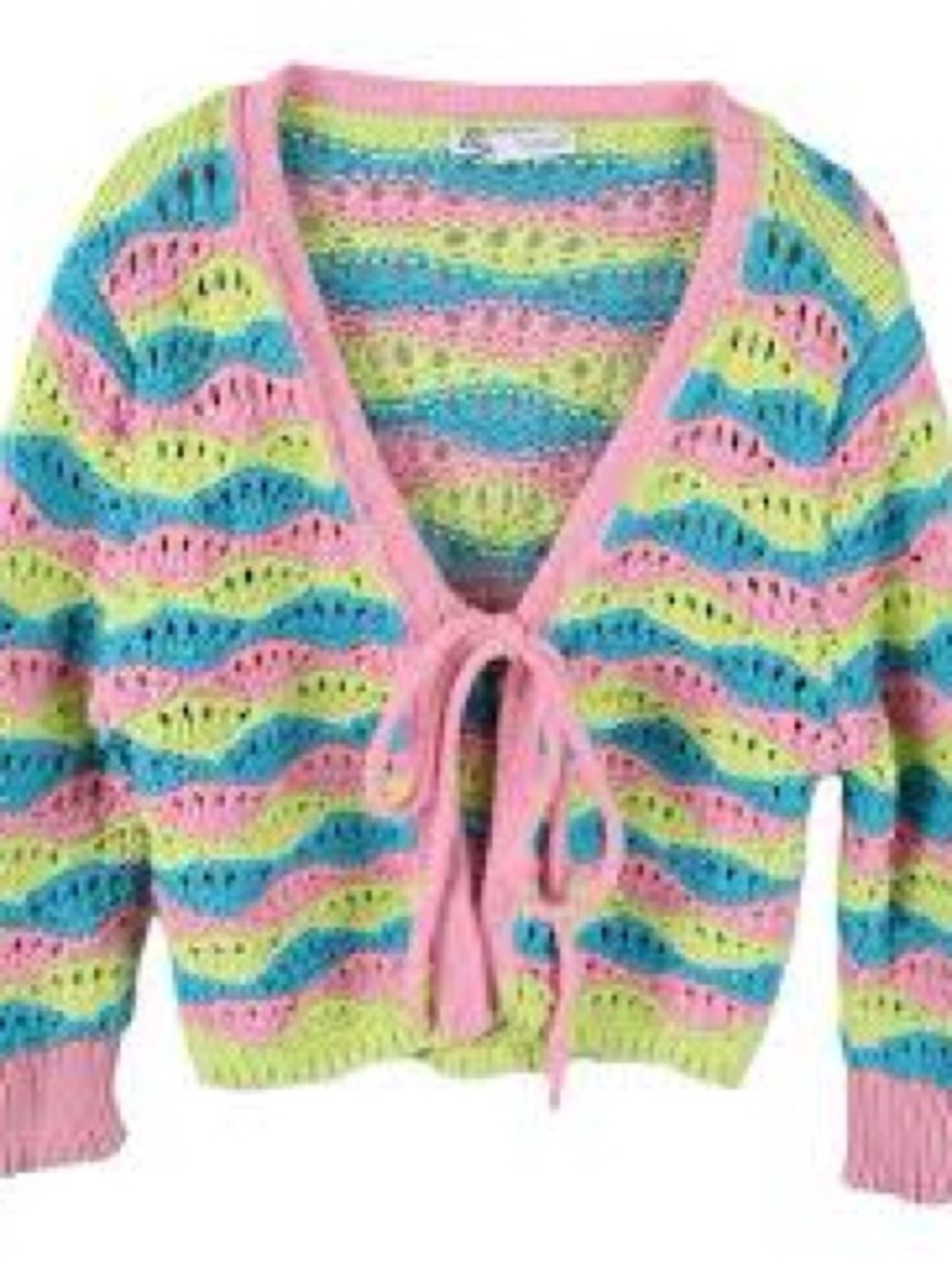 Zara Pastel Wave Tie-Front Open Knit Sweater - Pink